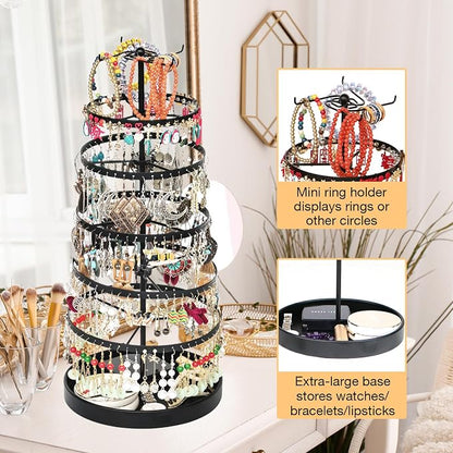 17Dec 6 Tier Rotating Jewelry Organizer Stand, 230 Holes Earring Holder Organizer for Women Girls, Spinning Earring Tree with Ring Holder, Wide Base for Bracelets Watches Lipstick