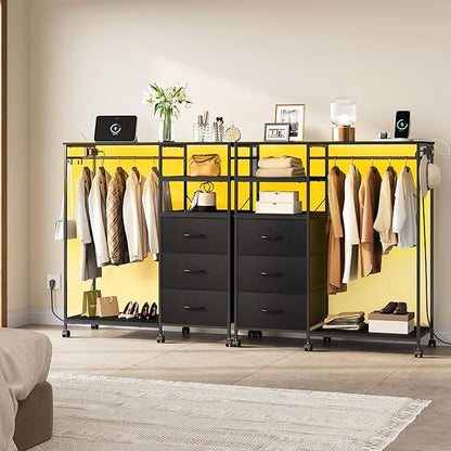WLIVE Black Dresser with Hanging Rack for Bedroom, 3 Drawer Dresser with LED Lights & Charging Station, Fabric Dressers & Chest of Drawers, Storage Organizer with Open Shelves for Living Room