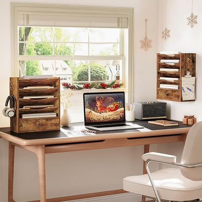 HOOBRO Wall File Organizer, Mail Organizer Wall Mounted, Wooden Literature Organizer, Construction Paper Organizer with Drawer Storage and 2 Hooks, for Office, Classroom, Home, Rustic Brown FG14WF01