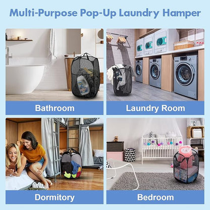 DUCOO Pop Up Laundry Hamper, 70L Collapsible Mesh Laundry Basket with Side Pocket, Foldable Dirty Clothes Hamper with Sturdy Reinforced Handles for Home Dorm Bedroom Travel Bathroom Storage, Black