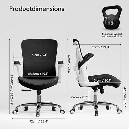 Office Home Ergonomic Desk Chair-Computer X-Shaped Chair Mesh PU Leather with Adjustable Lumbar Support-Executive Chair High Back Flip-Up Arms for Long Hours (Light Black-No Headrest)