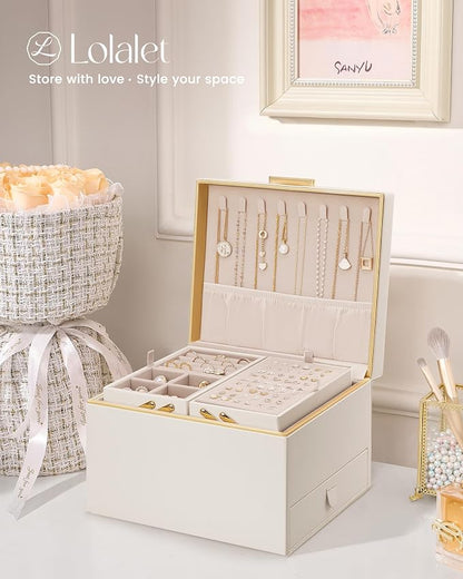 Lolalet Jewelry Box Organizer for Women Girls, 2 Layer Jewelry Organizers and Storage for Necklace Earrings Rings Bracelets, Large Jewellery Holder Case Birthday Gifts -Cream