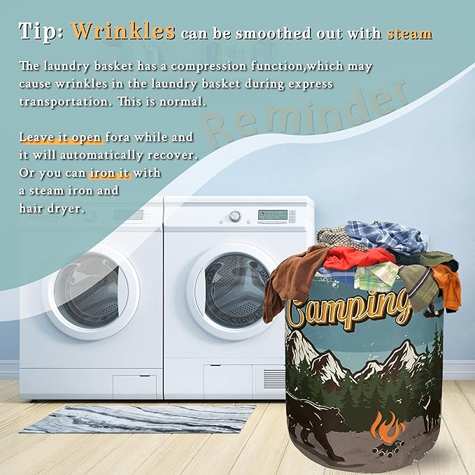 Retro Camping Mountain Bear Laundry Basket Foldable With Handles Tote Bag Oxford Cloth Funny Laundry Hamper Clothes Storage Bucket Toy Organizer For Bathroom/Laundry/Bedroom 18.9" x 16.5 "