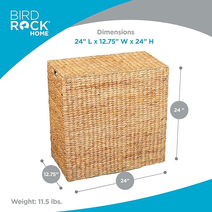 BirdRock Home Water Hyacinth Laundry Hamper Divided Interior (Natural) | Eco Friendly | Made of Hand Woven Hyacinth Fibers | Includes Two Removable Cotton Liners Bag | Wicker Laundry Basket with Lid