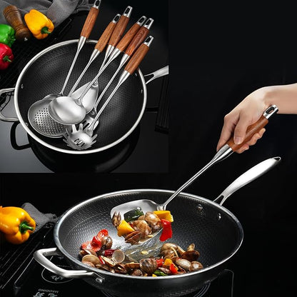 18/10 Stainless Steel Kitchen Utensils 12.5"-14" Wooden Handle Metal Cooking Utensils Set 9 PCS, Solid and Slotted Spoon, Fork, Spatula, Ladle, Skimmer, Slotted Tunner, Spaghetti Large Spoon