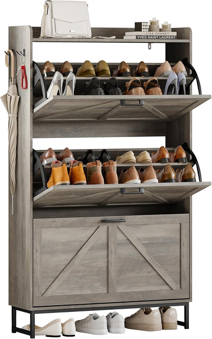 Shoe Cabinet Storage for Entryway, Shoe Storage Cabinet with 3 Flip Drawers, Freestanding Narrow Shoe Rack Organizer with Metal Legs for Foyer, Hallway, Grey