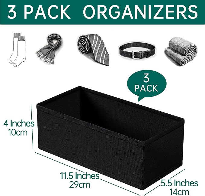 3 PACK Drawer Organizer Clothes，drawer Divider， Dresser Drawer Storage for Sock, Underwear, Bra，Panties，Belt, Tie, Stockings, Leggings & Accessories (Black)