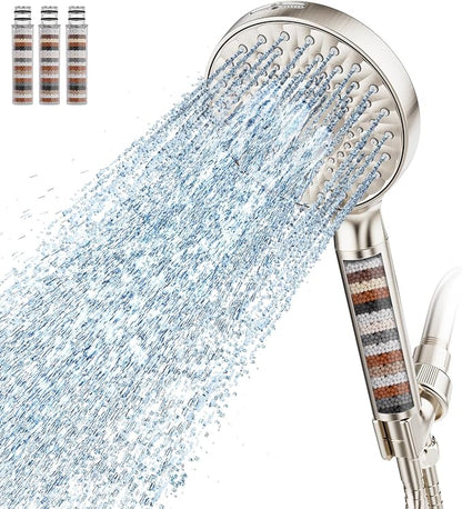 SR SUN RISE Filtered Shower Head with Handheld High Pressure 9 Spray Mode Showerhead Detachable Shower Head Water Softener Filters Beads for Hard Water Remove Chlorine 4 Filters Brushed Nickel
