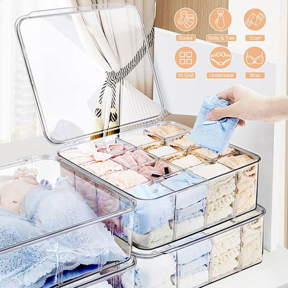 Sock Underwear Organizer, 16 Compartment Adjustable Dividers Tie Socks Underwear Drawer Organizers for Closet, Clear Plastic Storage Containers Box with Lids for Ties Scarf Socks Bras