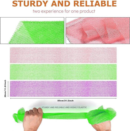 UJFQBH 3 Pieces African Bath Sponge African Net Long Net Bath Sponge Exfoliating Shower Body Scrubber Back Scrubber Skin Smoother,Great for Daily Use (Purple， Pink，Green)