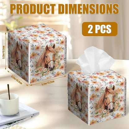 Horse Floral Tissue Box Cover 2PCS, Leather Tissue Box Holder Square Facial Paper Case Tissue Box Cube Organizer for Bathroom Bedroom Desk Office