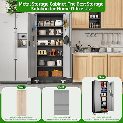 Aobabo Upgraded Garage Storage Cabinets with Wheels,Metal Storage Cabinets with 5 Adjustable Shelves for Garage Home Office Storage, Black&Dark Grey,71''H*32''W*16''D,Assembly Required