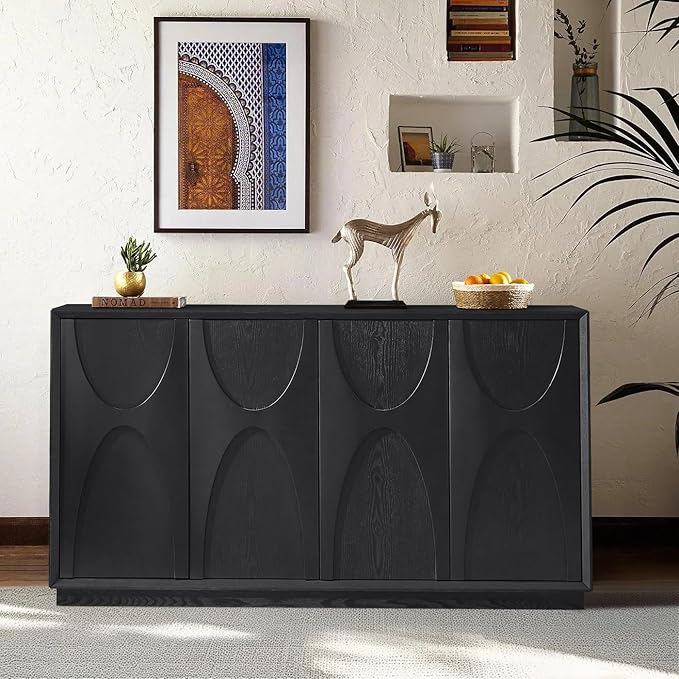 Sideboard Buffet Cabinet, Accent Storage Cabinet with 4 Doors and Adjustable Shelf, Farmhouse Mid Century Modern Buffet Sideboard for Living Room, Kitchen, Entry (Black)