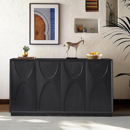 Sideboard Buffet Cabinet, Accent Storage Cabinet with 4 Doors and Adjustable Shelf, Farmhouse Mid Century Modern Buffet Sideboard for Living Room, Kitchen, Entry (Black)