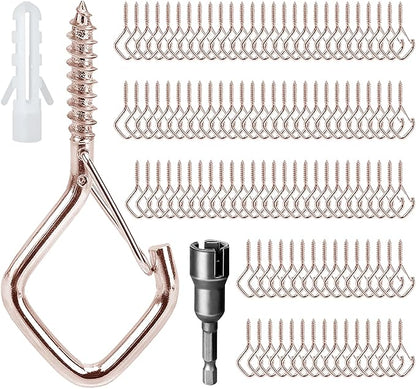 110 PCS Q-Hanger Hooks for String Lights, Ceiling Hangers for Plants & Wind Chimes, Christmas Decorations Outdoor Hooks Rose Gold