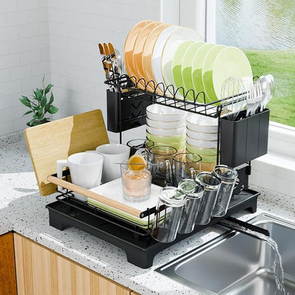 2 Tier Dish Drying Rack, Drying Rack with Automatic Drainboard, Dish Racks for Kitchen Counter, Rustproof Dish Drainer with Removable Utensil Holder, Cups Holder, Black
