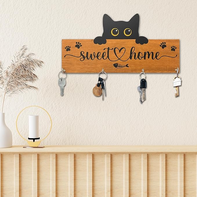 Cat Sweet Home Wooden Key Holder for Wall - 5"x10" Key Organizer Hanger with 4 Hooks for Front Door Hallway Entryway Kitchen - Home Office Decor & Housewarming Gifts Supplies - A07