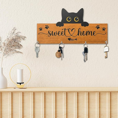 Cat Sweet Home Wooden Key Holder for Wall - 5"x10" Key Organizer Hanger with 4 Hooks for Front Door Hallway Entryway Kitchen - Home Office Decor & Housewarming Gifts Supplies - A07