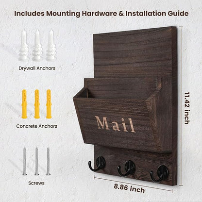 Mail and Key Holder - Decorative 8.86" x 11.42" Wall Key Hanger with 2 Mail Organizer Slots and 3 Hooks - Real Paulownia Wood with Keyhole Brackets, Hardware and Instructions (Brown)
