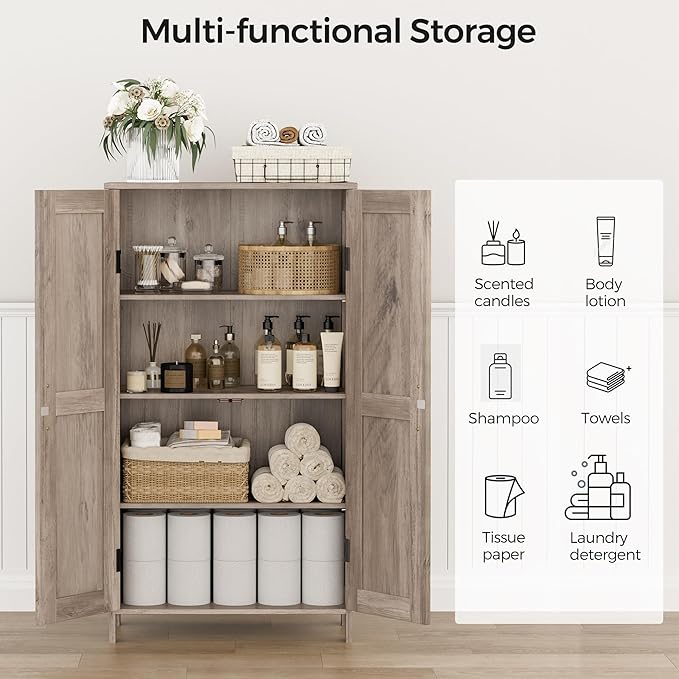 Homleke Farmhouse Bathroom Cabinet with Adjustable Shelves, Free-Standing Storage Cabinet with Barn Doors, for Kitchen, Living Room, Dining Room, Entryway, Greige