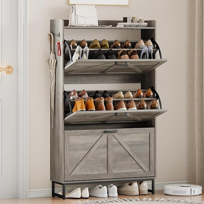 Shoe Cabinet Storage for Entryway, Shoe Storage Cabinet with 3 Flip Drawers, Freestanding Narrow Shoe Rack Organizer with Metal Legs for Foyer, Hallway, Grey