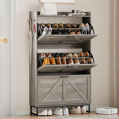 Shoe Cabinet Storage for Entryway, Shoe Storage Cabinet with 3 Flip Drawers, Freestanding Narrow Shoe Rack Organizer with Metal Legs for Foyer, Hallway, Grey