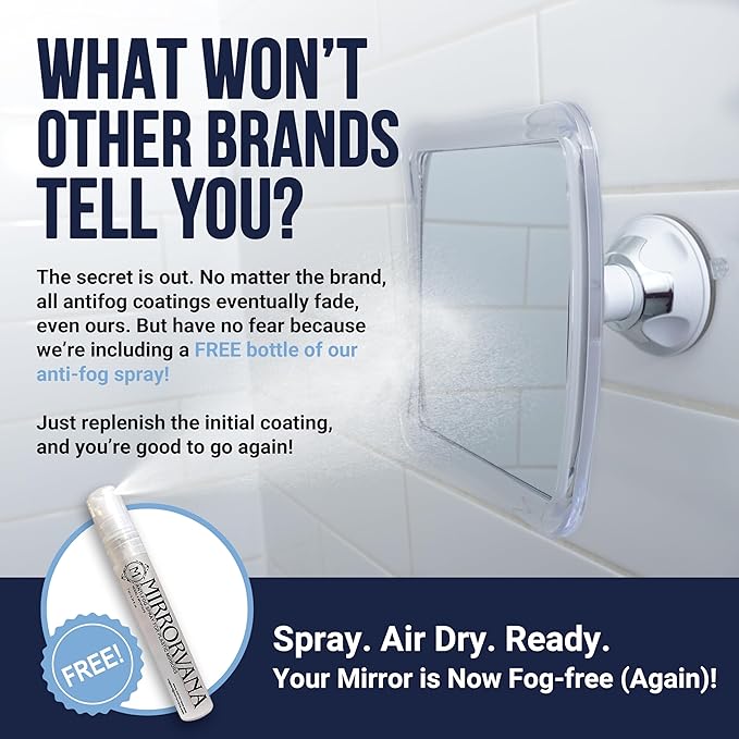 MIRRORVANA Fogless Shower Mirror for Shaving with Upgraded Suction, Anti Fog Shatterproof Surface and 360° Swivel - 6.3" x 6.3"