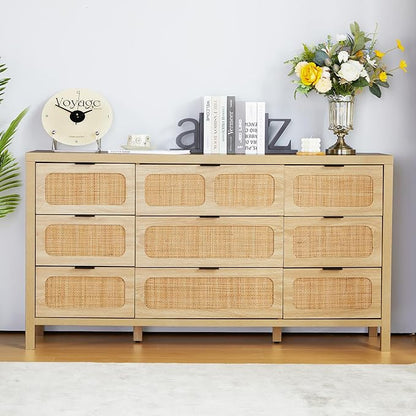 LEVNARY 9 Drawer Dresser for Bedroom, Rattan Dressers & Chest of Drawers, Large 58" Long Dressers Wooden Storage Organizer Dresser for Entryway, Living Room (Natural)