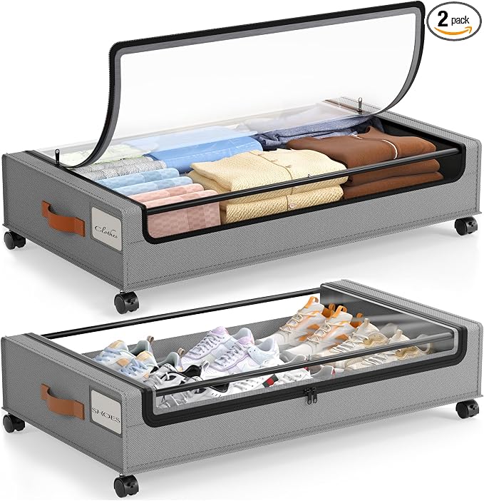 LAMU Under Bed Storage with Wheels, 2 Pack Under Bed Storage Containers with Clear Lid, XXL 60 L Underbed Storage Bins, Rolling Under Bed Metal Drawers for Clothes, Blankets, Shoes, Grey