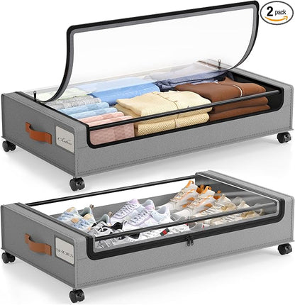 LAMU Under Bed Storage with Wheels, 2 Pack Under Bed Storage Containers with Clear Lid, XXL 60 L Underbed Storage Bins, Rolling Under Bed Metal Drawers for Clothes, Blankets, Shoes, Grey