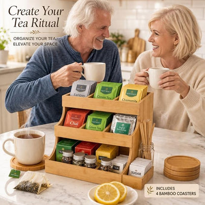 Tea bag organizer with 3-tier storage & 4 matching coasters. Fully assembled. Deluxe bamboo tea organizer for tea bags, coffee pods, condiments and pantry organization. Holds up to 180 tea bags.