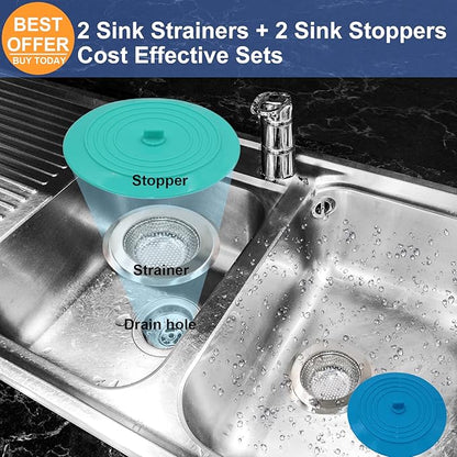 V-TOP Kitchen Drain Strainer Stopper 4 Pack, Universal 6 Inch Silicone Plug Anti-Clogging Stopper Cover, 4.5 Inch Stainless Steel Basket Strainer Food and Hair Catcher