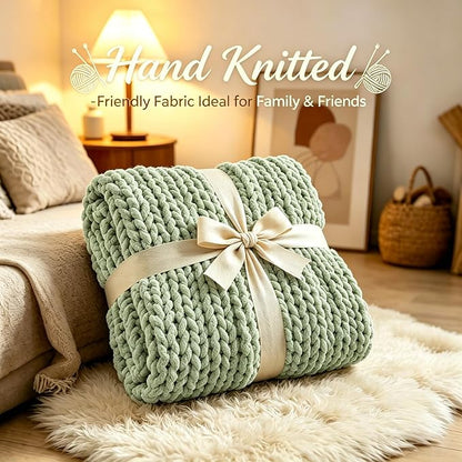 Admitrack Chunky Knit Blanket Throw, 100% Hand Knit Chenille Throw Blanket for Sofa & Home Decor, Soft and Cozy Knitted Throw Blankets (Sage Green, 60"x80")