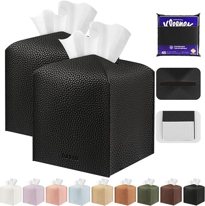 Tissue Box Cover Holder Square Tissue Cube Cover PU Leather Tissue Organizer with Bottom Belt for Bathroom, Tabletop, Car, Night Stands, Office, Home, Kitchen (2, Black)