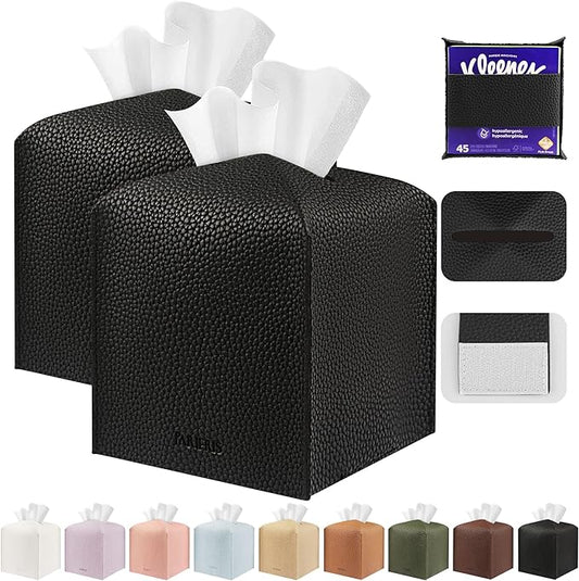 Tissue Box Cover Holder Square Tissue Cube Cover PU Leather Tissue Organizer with Bottom Belt for Bathroom, Tabletop, Car, Night Stands, Office, Home, Kitchen (2, Black)
