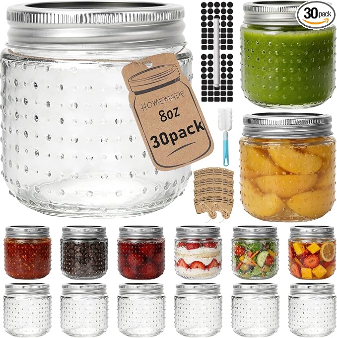 CycleMore 8oz Mason Jars, 30 Pack Dual Dot Jar With Silver Separable Lids & Colorful Plastic Lids, Tiny Glass Jars for Honey, Jam, Jelly, Wedding Favors, Kitchen Food Storage,