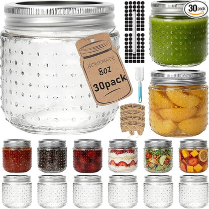 CycleMore 8oz Mason Jars, 30 Pack Dual Dot Jar With Silver Separable Lids & Colorful Plastic Lids, Tiny Glass Jars for Honey, Jam, Jelly, Wedding Favors, Kitchen Food Storage,