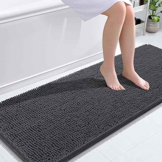 OLANLY Bathroom Runner Rugs 59x24, Soft Absorbent Chenille Bath Rugs, Rubber Backing Quick Dry, Machine Washable Long Bath Mats for Bathroom Floor, Tub and Shower, Home Decor Accessories, Dark Grey