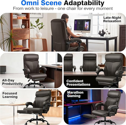 Office Chair - Ergonomic Comfortable High Back Computer Desk Chair with Foot Rest - Executive Breathable Swivel Rolling Reclining Leather Chair with Lumbar Support for Home Gaming Relaxing