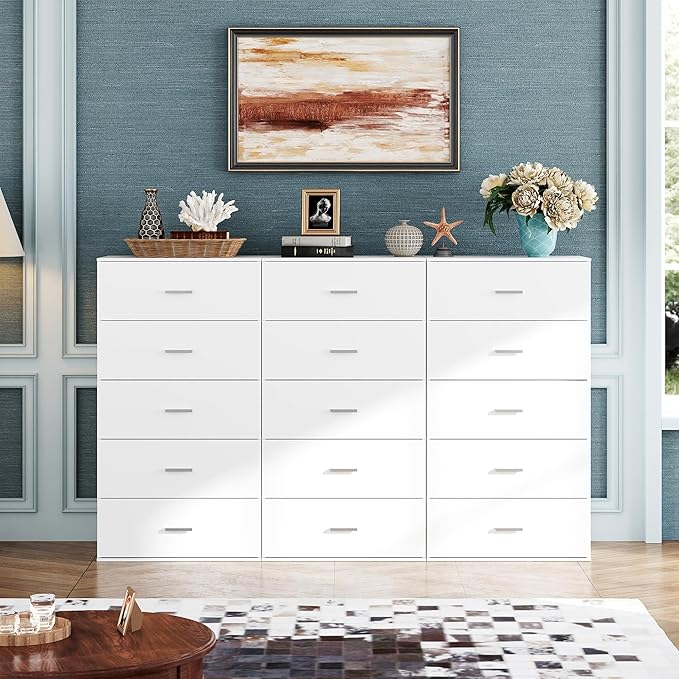 WLIVE Tall Dresser for Bedroom, Wood Chest of Drawers with Mental Handles, White Bedroom Dresser with 5 Drawers, Modern Minimalist Closet Store Organizer for Living Room, Hallway