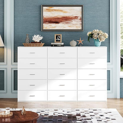 WLIVE Tall Dresser for Bedroom, Wood Chest of Drawers with Mental Handles, White Bedroom Dresser with 5 Drawers, Modern Minimalist Closet Store Organizer for Living Room, Hallway