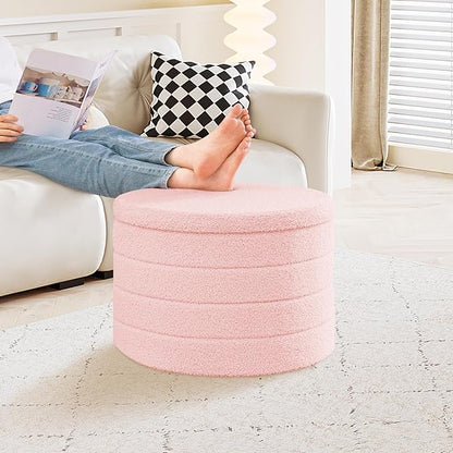 PINPLUS Ottoman with Storage, Foldable Round Ottoman Sherpa Stool with Tray, Boucle Foot Rest for Living Room, Bedroom, Dorm(Pink)
