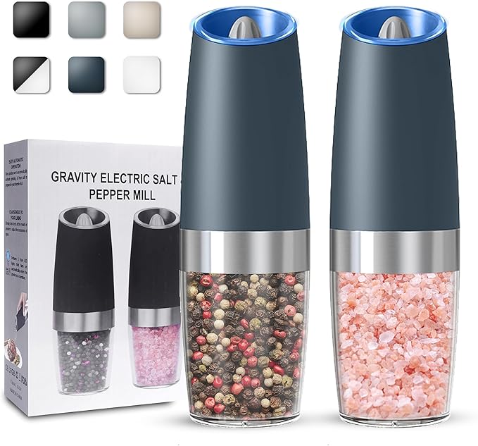 UNNEES Gravity Electric Salt and Pepper Grinder set of 2, Automatic Salt And Pepper Grinder Set, Adjustable Roughness, Battery Powered, LED Light, 2 Pack, (Grey)