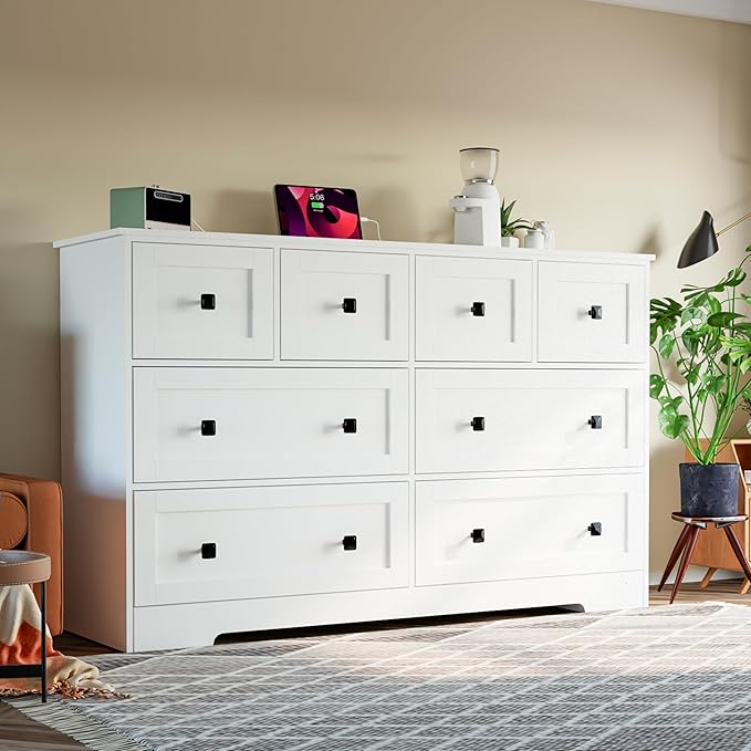 Dresser for Bedroom with Power Outlets Wide Chest of Drawers with 8 Drawers Modern Wooden Dressers with Metal Handle Large Closet Store Organizer for Bedroom Living Room Hallway Closet White