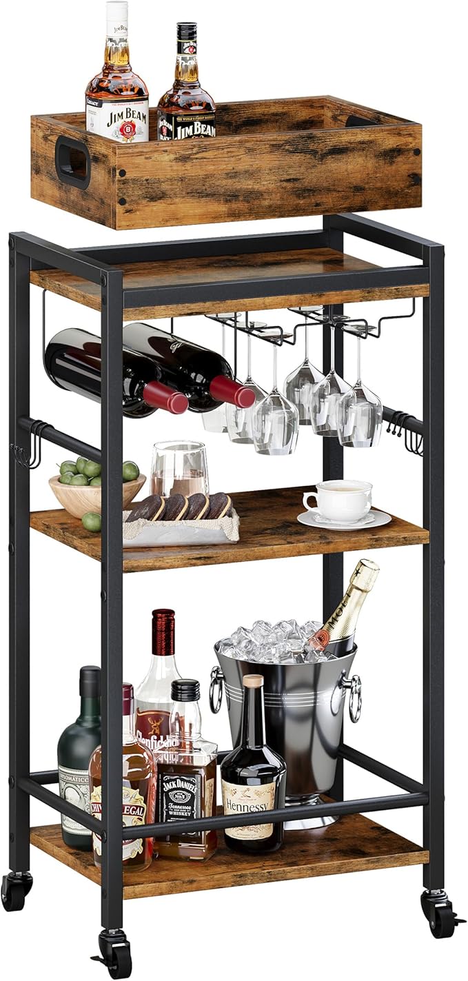 3 Tier Rolling Bar Cart with Wheels, Wine Cart with Removable Tray, Rustic Bar Carts Small, Drink Cart for Small Spaces, Beverage Cart, Liquor Cart for Kitchen, Living Room(Rustic Brown)GBC513R