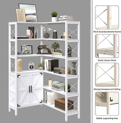 Jartoil Corner Bookshelves 6 Tier, Farmhouse Wooden Bookcases for Corner, L Shaped Etagere Bookshelf with Storage for Living Room Home Office