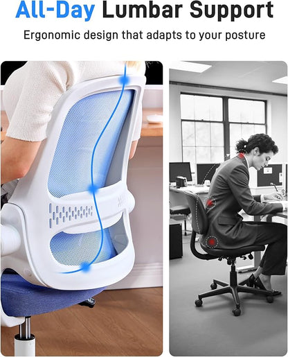 Ergonomic Mesh Office Chair for Home Office, Flip-Up Arms, Breathable Mesh Back & Thick Seat Cushion, Swivel Rolling Computer Desk Chair – BIFMA Certified, Supports 300 lbs (White Frame/Blue Seat)