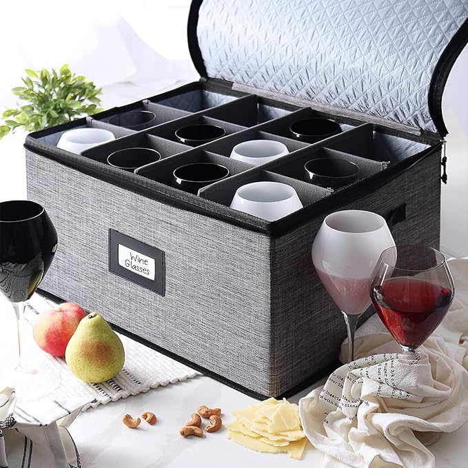 Wine Glass Storage Box with Dividers, 2 Pack Stackable Stemware Storage Cases, Service of 12 Glassware Storage Containers, Quilted China Storage Containers Hard Shell for Moving and Seasonal Storage