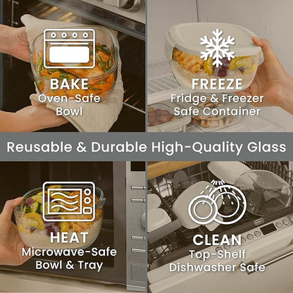 Bentgo Glass Salad Container - 7.6-Cup Salad Bowl with Airtight Lid, Leak-Proof Sauce Container, 4-Compartment Bento Tray & Reusable Fork - BPA-Free for Meal Prep, Office & More (White)