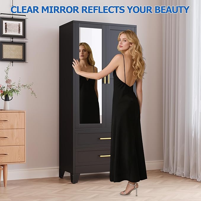 Steel Armoire Wardrobe Closet with Mirror, 71" Metal Clothes Storage Cabinets with 2 Doors, 1 Adjustable Shelf, 2 Drawers, Metal Wardrobe Cabinet with Hanging Rod for Bedroom, Gym, Cloak(Black)